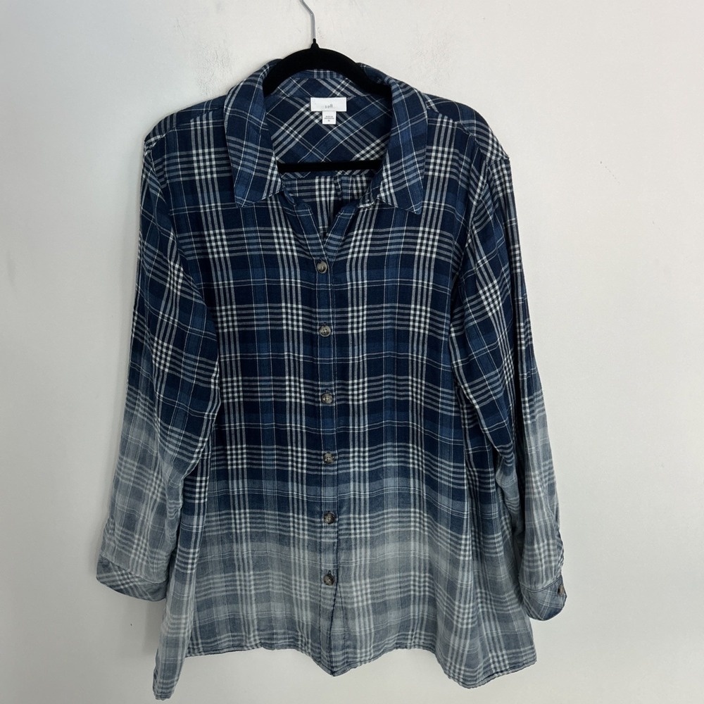 J Jill Women XL Oversized Blue Dipped Dyed‎ Cotton Button-Down Flannel Shirt